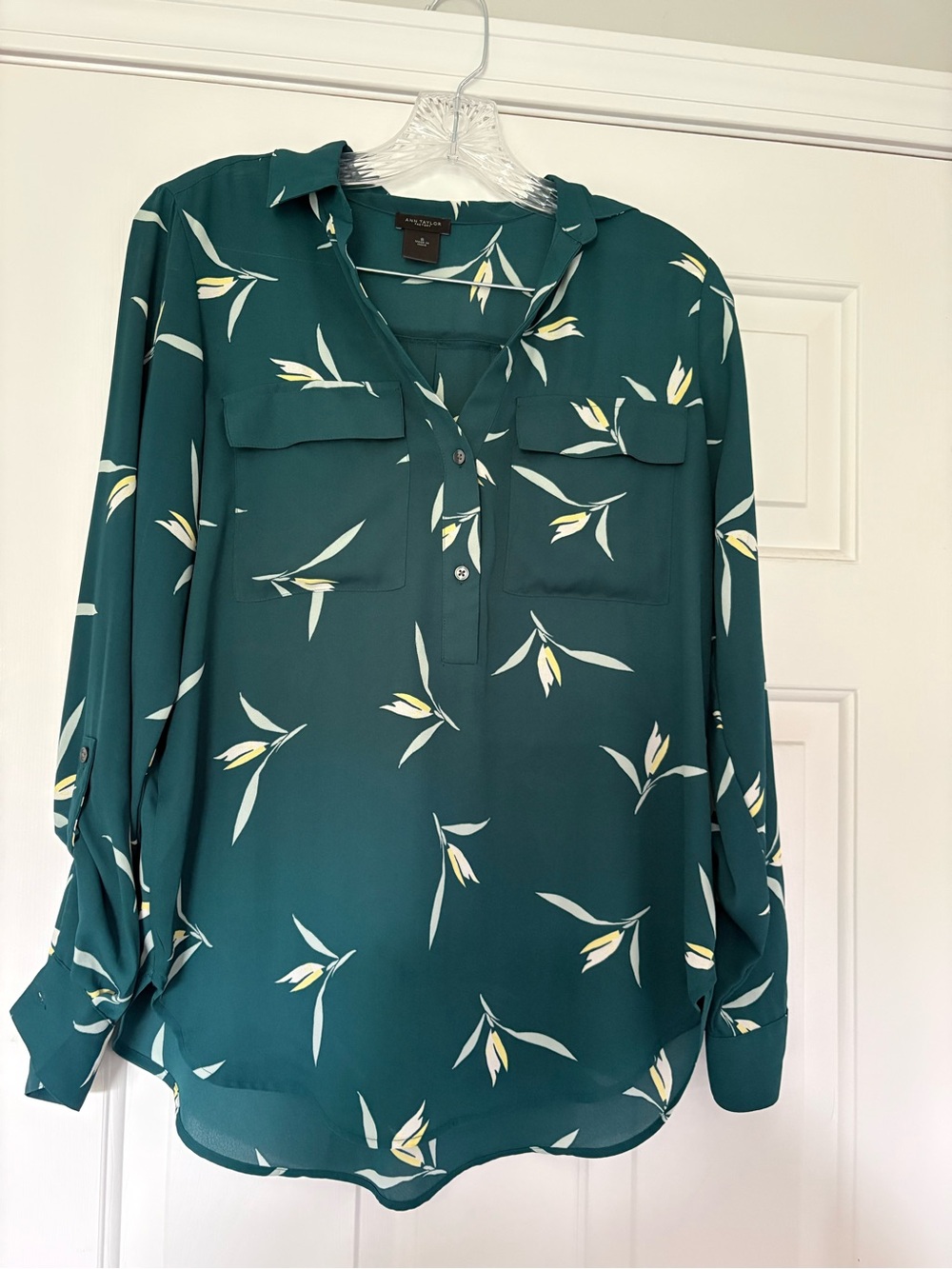 Ann Taylor Teal Floral Split-Neck Blouse